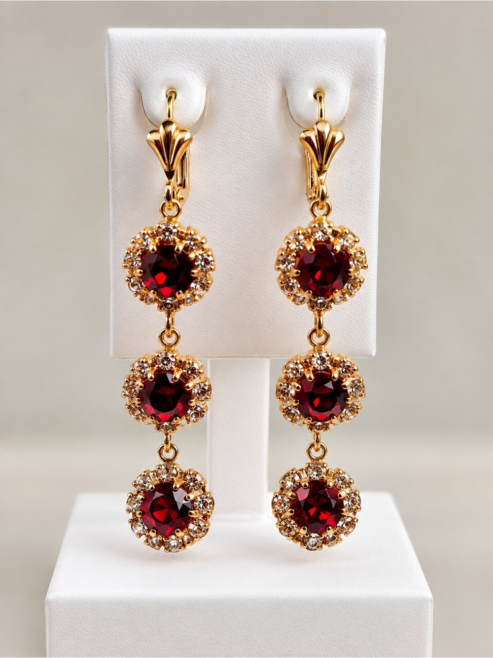 Red Rhinestone Triple Drop Earrings Gold Tone Leverback Dangle